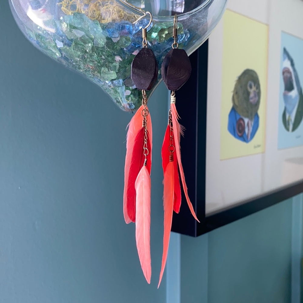 Wood Bead Feather Earrings